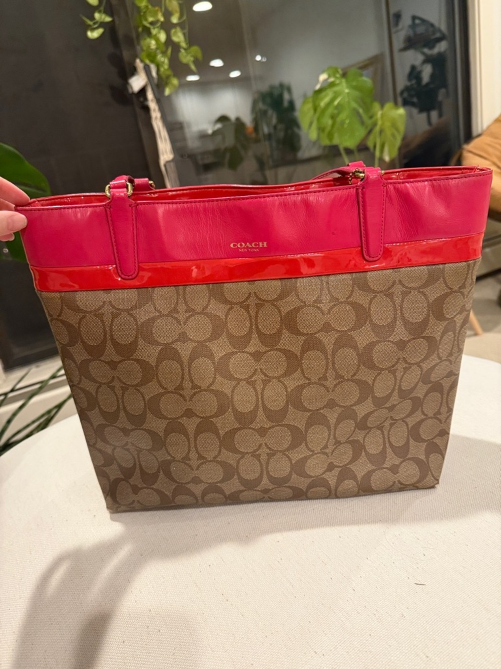 Coach Monogram Tote with Hot Pink and Red Trim